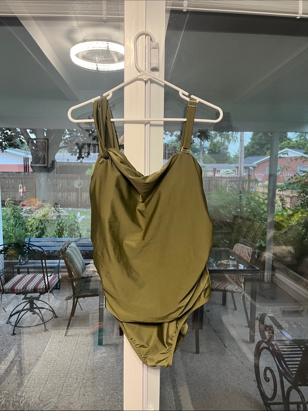 Olive Green Draped One-Piece Swimsuit with Adjustable Straps